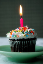 Photo of a cupcake with a candle in it.
