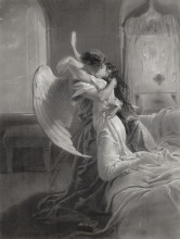 black and white painting of a male angel and human girl kissing