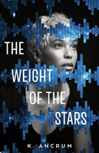 Book cover featuring a black and white photograph of a black woman with short hair. Varying blue line designs cover part of her figure. 