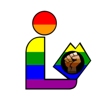 Icon of a person reading. It's colored in with the rainbow and the book has the Black Lives Matter symbol on it.