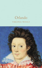 Book cover of Virginia Woolf's Orlando featuring light blue background and Renaissance era portrait painting of figure with long brown hair, brown eyes, and a high white lace collar. 