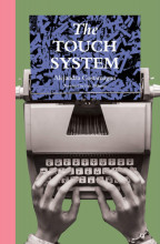 Book cover with green background and pink vertical bar on the lefthand side. Black and white photograph of hands typing on a typewriter with a color blue and black piece of paper coming out with the book's title and author.