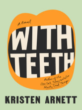 Book cover illustration of an open mouth with orange lips against a light green background. In place of teeth in the mouth is the book title "White Teeth." 