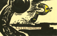 printed words "art in Detroit" with an ink drawing of a question mark running from a dark shape