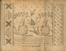 Embroidery pattern with pineapples in the middle and abstract or floral borders on the left, right, and bottom