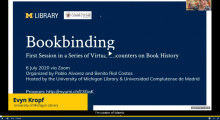 Screenshot of recording of Bookbinding Webinar (July 6, 2020) hosted by the University of Michigan Library and Universidad Complutense de Madrid