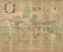 early 19th c. map of the world, with the continents in pastel pinks, greens, and yellow