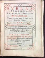 Title-page of Giovanni Francesco Loredano's Burlas de la fortuna en afectos retoricos (Madrid: Diego Dises, 1688). 