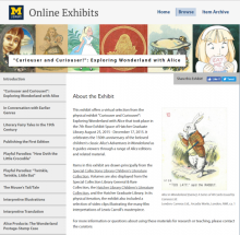 Screenshot of online exhibit, showing various illustrations of Alice in the header, sections of the exhibit in the left navigation bar, and a brief introduction in the central text area