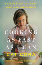Cover image of Cooking as Fast as I Can: A Chef’s Story of Family, Food, and Forgiveness, by Cat Cora. The cover features a little girl sifting flour into a mixing bowl, with title text overlaid. 