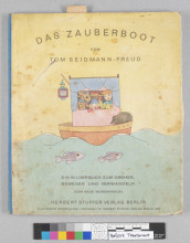 cover a book with writing above and below a colored drawing of a boat on the sea with fish
