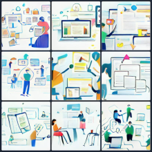 A grid of nine abstract representations of people and computers rendered in a generic style of illustration. Blurry pastel colors on white backgrounds seem to suggest floating computer screens and groups of human figures in conversation. Note: DALL·E mini is open source. AI-generated images do not fall under copyright because they lack the element of human creative expression. Source: https://www.smithsonianmag.com/smart-news/us-copyright-office-rules-ai-art-cant-be-copyrighted-180979808/ 