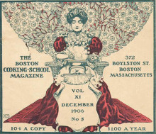 The cover of an issue of the Boston Cooking School Magazine: the stylized figure of a woman in a red gown cooing over achafing dish