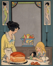 Mother and child with a loaf of bread, in an style that draws both from Art Deco and Art Nouveau