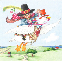 Mother Goose depicted as a cheerful elderly woman in a pilgrim's hat riding a white goose wearing a waistcoat through the air