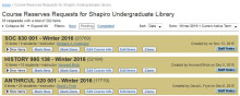 Course Reserves list for Shapiro Undergraduate Library