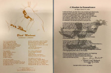 Left: a broadside with the text of Harold G. Lawrece's poem, "Black Madonna" below a sepia-toned depiction of a Black woman as the Virgin Mary gazing lovingly at a Black infant. Right: A broadside with the text of Naomi Long Madgett's "A Mandate for Remembrance" laid over a watermark illustration of a stylized human figure sitting cross-legged and lifting their arms. A fire or sunburst appears in their left hand. 
