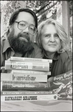 Franklin and Penelope Rosemont with books and their mascot Bugs Bunny, 1998