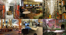 A picture of six different spaces in different University of Michigan library locations showing students studying, in the Bert's study lounge, in the stacks as well as a picture of the 2nd floor of the Duderstadt Center and an exterior shot of Tappan hall. 