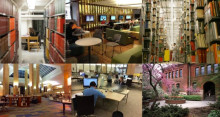 A picture of six different spaces in different University of Michigan library locations showing students studying, in the Bert's study lounge, in the stacks as well as a picture of the 2nd floor of the Duderstadt Center and an exterior shot of Tappan hall.