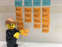 An image of a toy figure standing next to a task board.