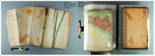 Photographs show before (left) and after (right) treatment. The matching adhesive stains can be seen on the back of the map and the back cover of the scrapbook. The “after treatment” photo shows the final step of treatment which involves placing each page into a Mylar “L” sleeve, protecting the object while keeping it accessible.
