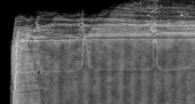 X-ray image showing a section of the lower board and spine of Mich. Ms. 79. Courtesy of the Detroit Institute of Arts Preservation Department.
