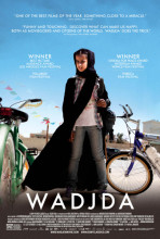 Middle Eastern young girl stands against a blue sky, between two bicycles, wearing jeans, a tee shirt and a dark cloak.