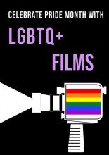 Black background with white and purple text. White outline illustration of movie camera with pride flag inside.