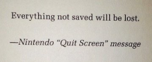 Photo of text reading: "Everything not saved will be lost." Nintendo "Quit Screen" message 