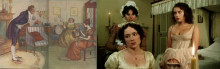 Side-by-side images of an early 20th c. illustration of Pride and Prejudice characters in a formal drawing room, and a still from the 1990s BBC miniseries showing Elizabeth and Lydia getting ready for the ball in a bedroom