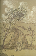 Illustration in shades of green and sepia showing a party of men and women in Regency dress walking along a path between hedgerows through a hilly countryside