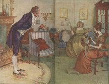 Illustrated endpapers showing an older, grey-haired man bowing, as though making an announcement, to two seated women: Mrs. Bennet and a brown-haired young woman trimming a hat (possibly intended to be Elizabeth?)