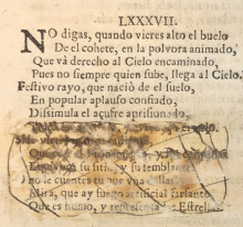 An expurgated sonnet on page 73,  from Francisco de Quevedo y Villegas. El Parnaso español y musas castellanas (Barcelona: Rafael Figueró, 1703)