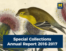 cover image of annual report with bird eating from thistle, title and M Library logo