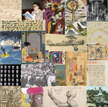 complex collage of images taken from books, posters, and photographs featuring figures, writing in various scripts, water and air scenes and abstract forms