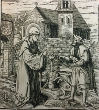 Woodcut depicting Saint Fridolin from Saints et Saintes issus de la famille de l’empereur Maximilien I (Vienna: F. X. Stöckl, 1799)