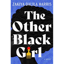Book cover of profile view of Black woman against a blue background. Woman is wearing a yellow earring shaped like an afro pick comb with a resistance fist as the handle.