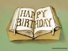 Drawing of book with mounts and snake. Open pages read "HAPPY BIRTHDAY."