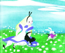 Alice and Dinah the cat watching the white rabbit run across a meadow