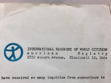 document with International Registery of World Citizens letterhead